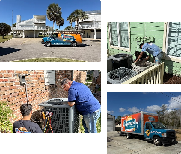 Collage of HVAC technicians working on outdoor air conditioning units, with branded service vans parked outside residential homes.