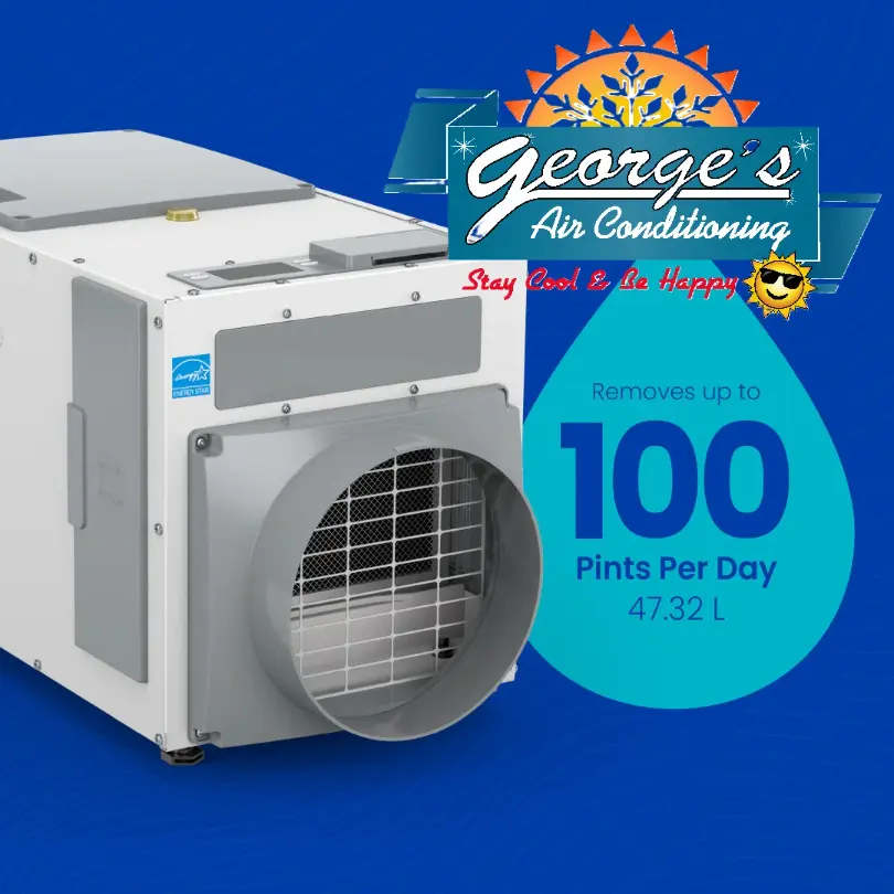 A dehumidifier unit with text stating "Removes up to 100 pints per day, 47.32 L" and the George's Air Conditioning logo in the top right corner, highlighting expert dehumidifier services.