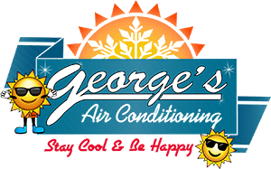 Logo for George's Air Conditioning featuring a large sun with cityscape, blue background, and two cartoon sun characters wearing sunglasses.